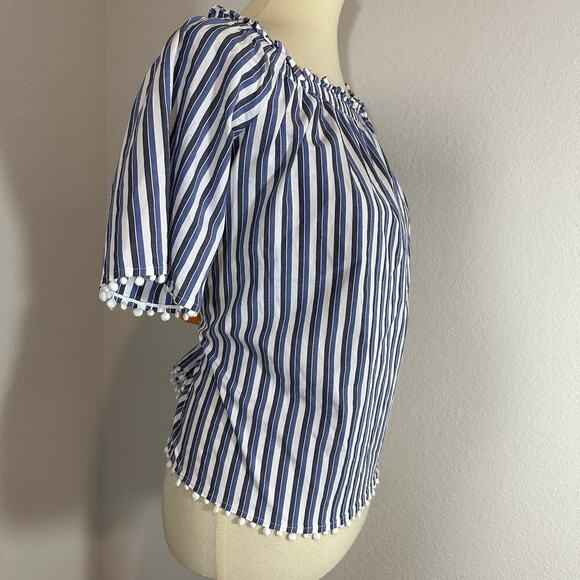 Trina Turk Small Top Sleeveless Blouse Blue Striped Preppy Coastal Poms Coastal - Picture 5 of 12